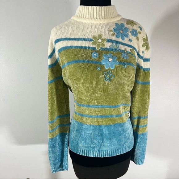 Alfred Dunner Sweaters - Alfred Dunner Floral Cowl Neck Sweater - Green, Blue, Cream